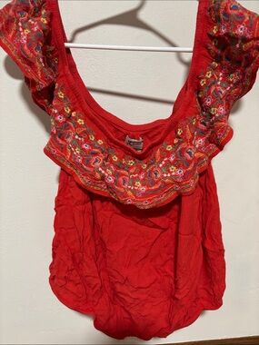 Red Embroidered Ruffle Neck Women's Top